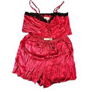 VTG Victoria's Secret Silk Pajama Set Red Black Lace Gold Label Cami Shorts L/M